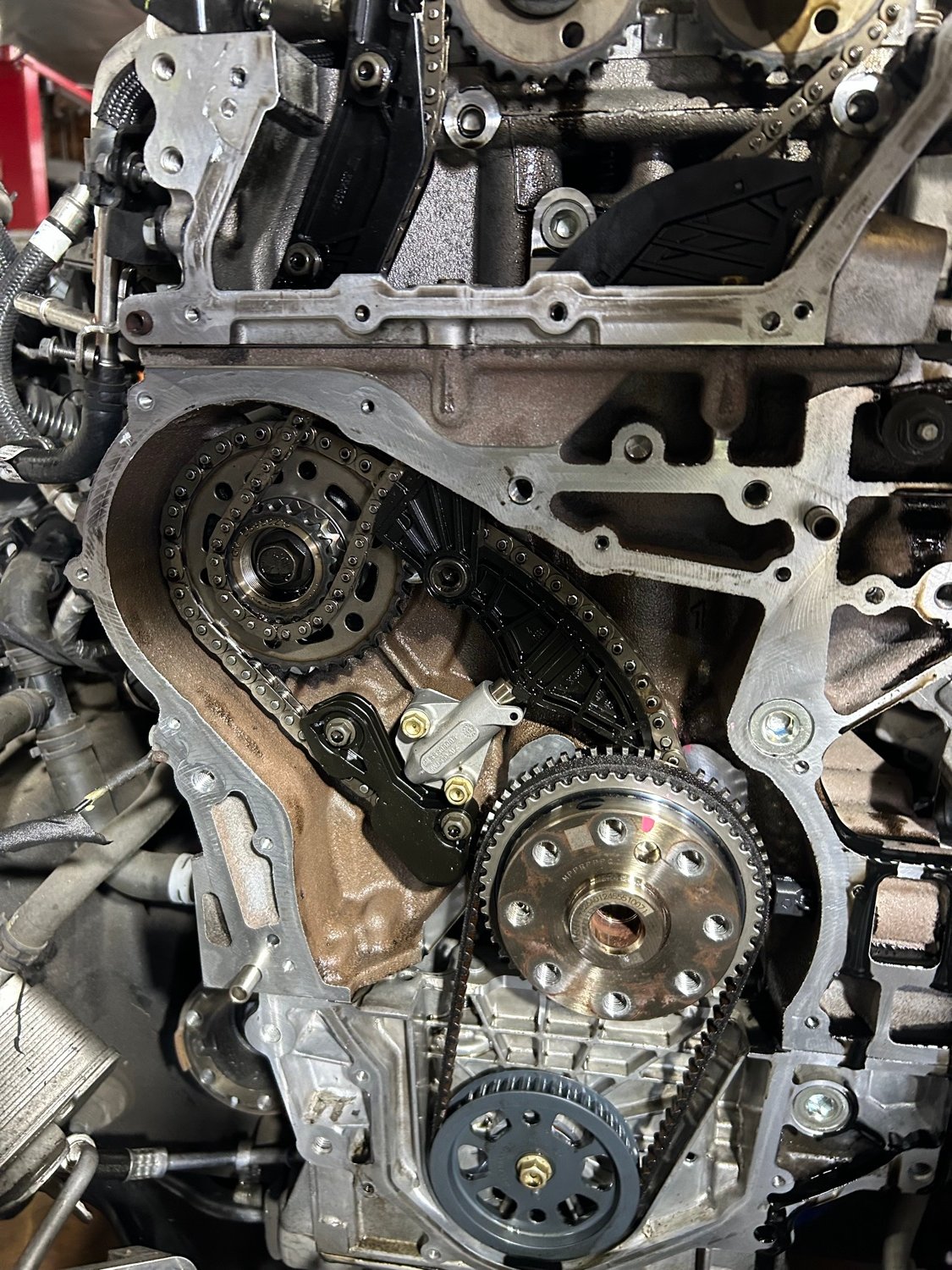 Exposed engine timing chain and gears